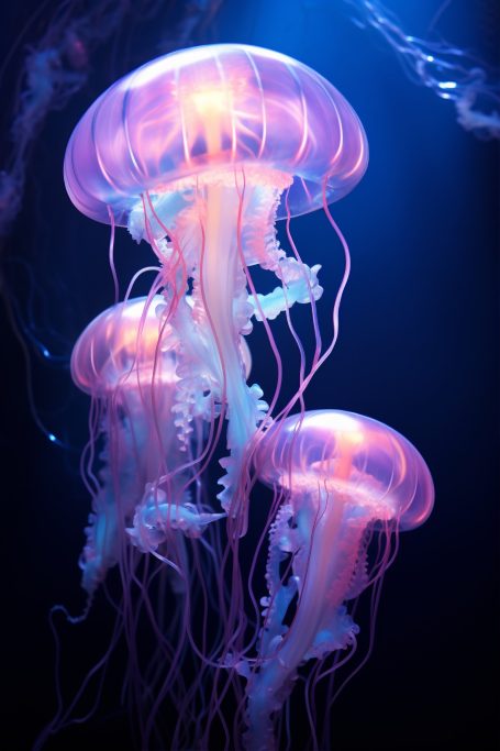 image de trois méduses violettes dans une eau bleu foncé bleu foncé