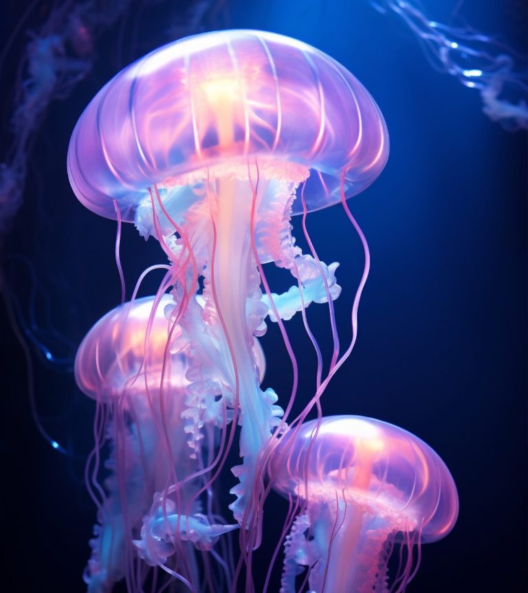 Image de trois méduses violettes sur fond bleu
